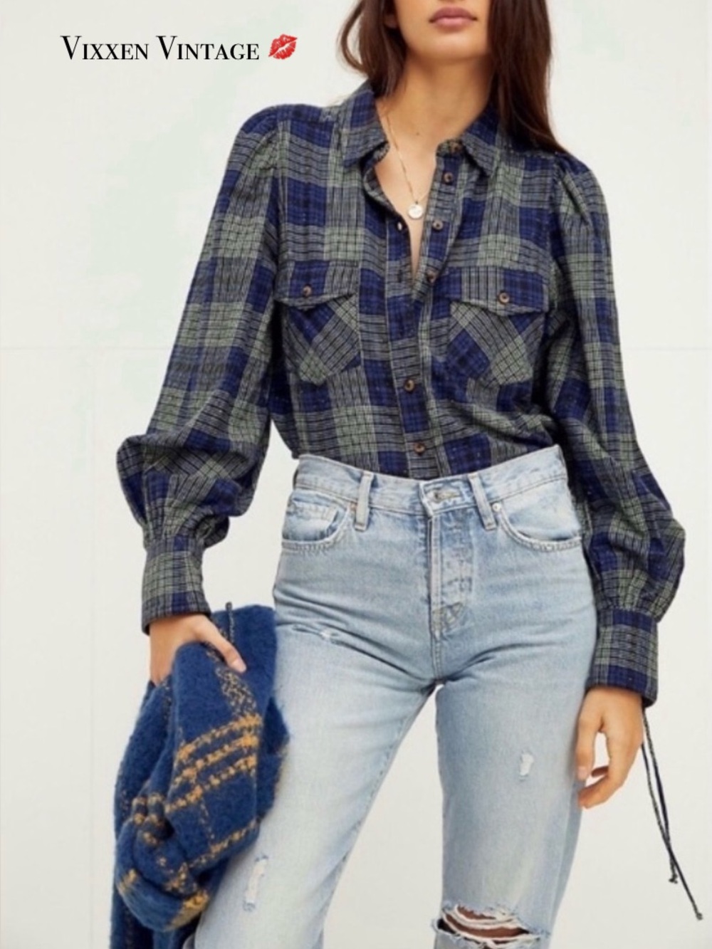 WE THE FREE BALLOON SLEEVE CROPPED 'SUN CITY PLAID TOP' IN GREEN